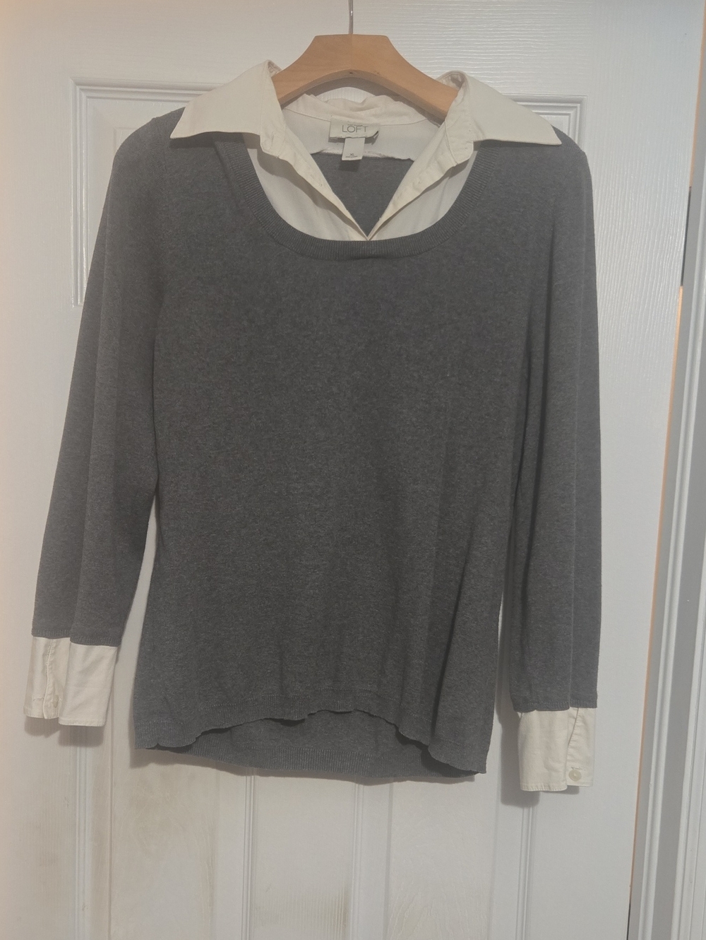 LOFT Gray Sweater with White Shirt-Style Collar and Cuffs